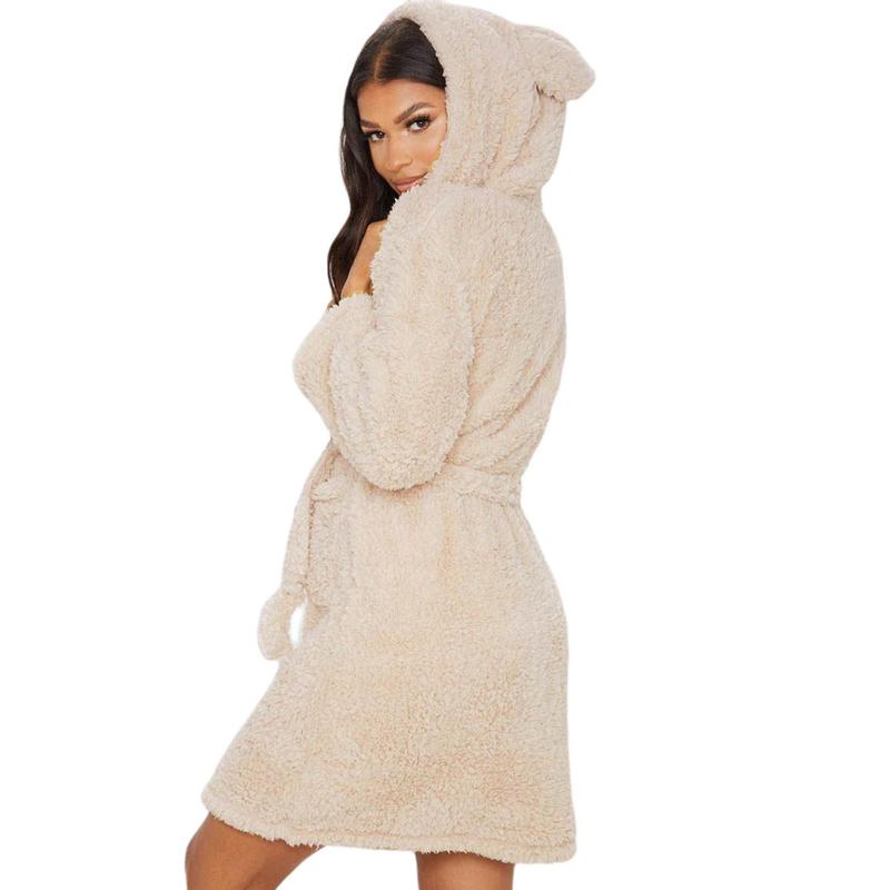 Women Winter Warm Night Robe Double-sided Plush Cute Animal Ears Hooded Nightgown Long Sleeve Lace-up Bath Robes Pajamas