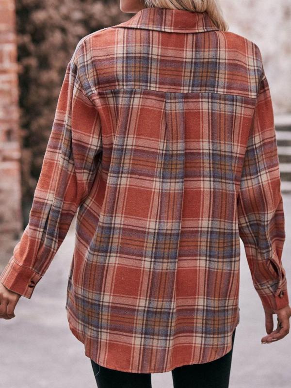 Women's Plus Size Plaid Print Flap Pocket Button Front Blouse, Casual Comfort Drop Shoulder Long Sleeve Shirt, Gift Set, Plus Clothing for Spring & Fall Daily Womenswear, Please Purchase A Size Up