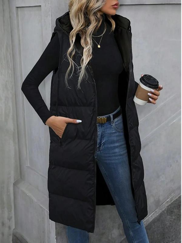 Women's Solid Pocket Zip Up Hooded Long  Quilted Vest Jacket, Casual Sleeveless Thermal Outerwear for Fall & Winter, Women's Clothes for Daily Wear