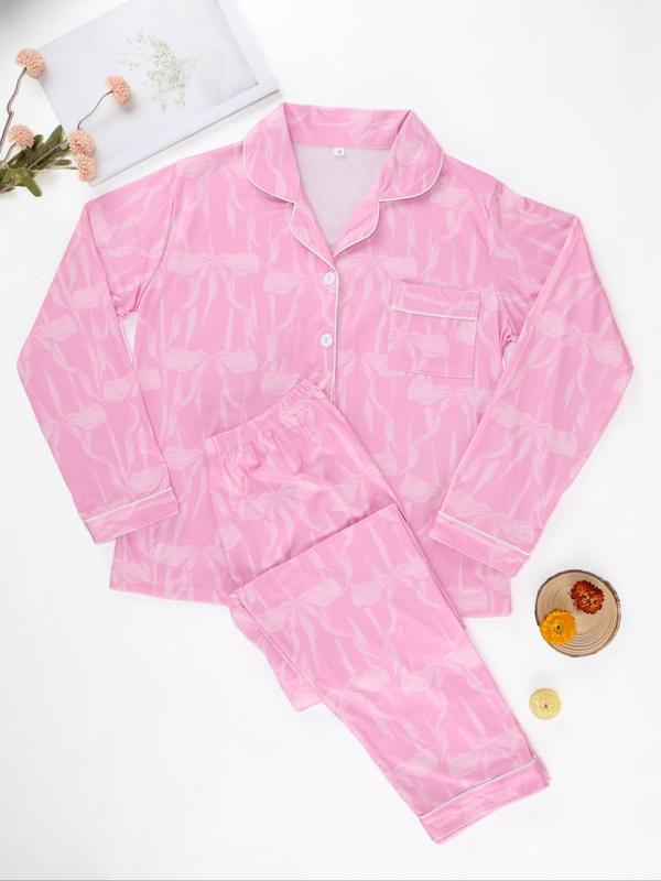 Two-Piece Set Women's All Over Bow Print Button Front Shirt & Elastic Waist Pants Pajama, Casual Comfy Long Sleeve Collared Top & Trousers PJ Set, Ladies Sleepwear for Spring & Fall