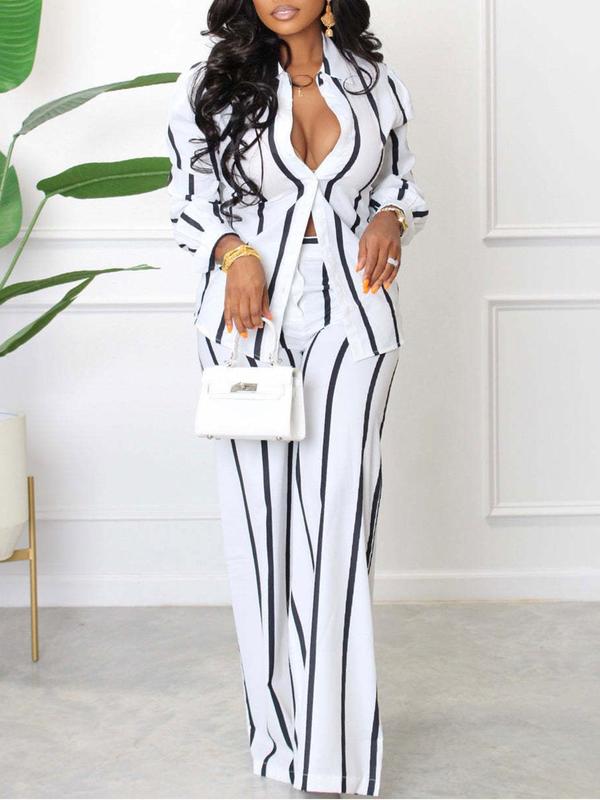 Women's Striped Print Button Front Pants Set, Elegant Long Sleeve Collared Blouse & High Waist Pants, Fall Outfits, Vacation Outfits Sets, Ladies Fall Outfits for Work Office