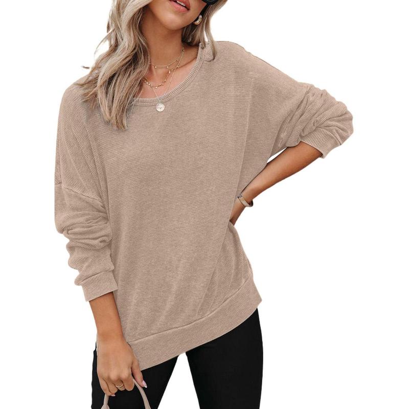 Dokotoo Womens Oversized Waffle Knit Crewneck Sweatshirts Long Sleeve Side Slits Casual Pullover Sweatshirt Tops