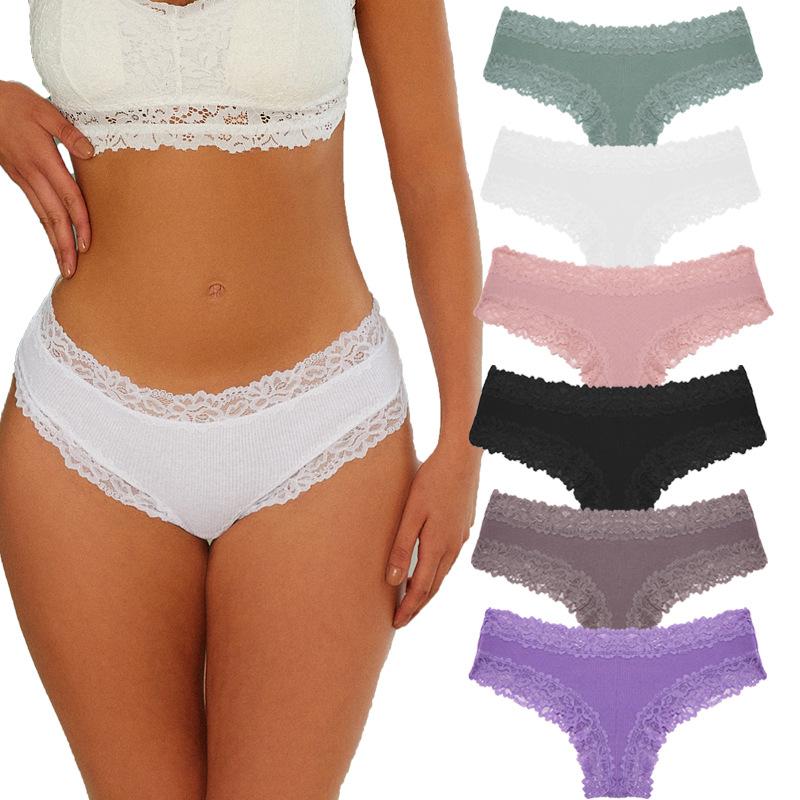 Womens Cotton Underwear Sexy Lace Hipster Panties Soft Breathable Cotton Brazilian Bikini Ladies 6 Pack Fabric Fashion