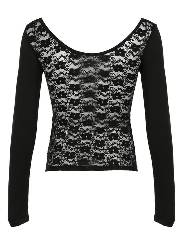 Women's Plain Contrast Lace Hollow Out Button Front Tee, Street Fashion Long Sleeve Round Neck T-Shirt for Daily Wear, Ladies Spring & Fall Clothes