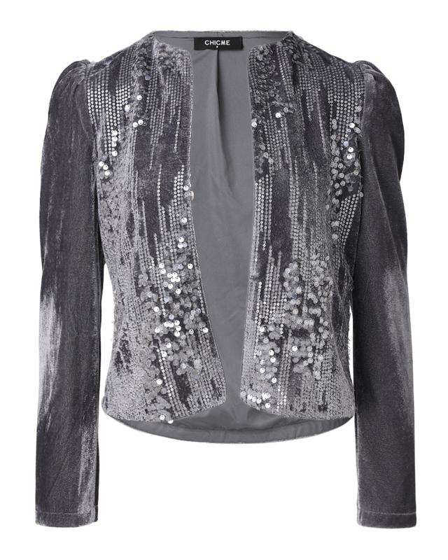 ChicMe Women's O-neck Zip-up Sequin Coat Long Sleeve Sparkly Casual Jacket tweed blazer bolero blazer