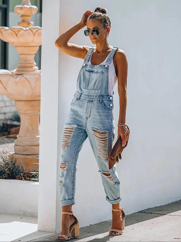  Solid Color Ripped Pocket Denim Overalls, Casual Fashionable Adjustable Strape Overalls Jumpsuit for Daily Wear, Women's Clothing for Summer