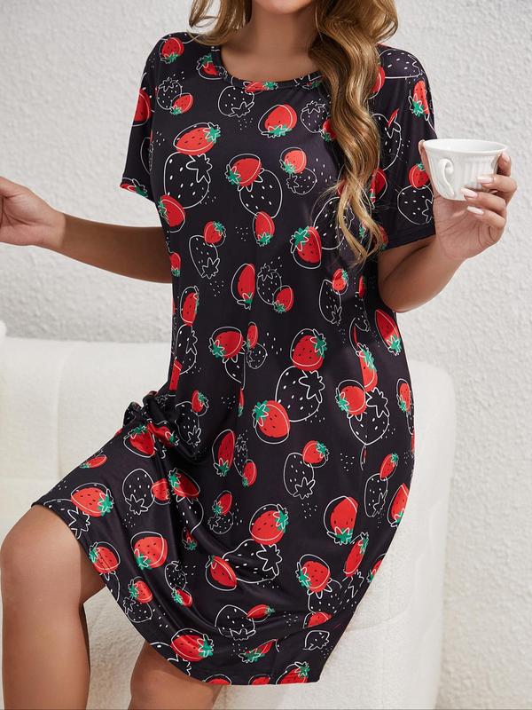 Women's Strawberry Print Round Neck Nightdress, Casual Soft Comfortable Short Sleeve Nightgown for Daily Home Wear, Ladies Sleepwear for All Seasons