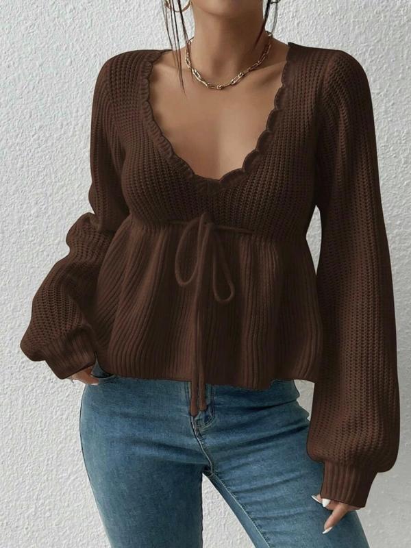 Women's Plain Drawstring Tie Front Scallop Trim Knit Top, Casual Bishop Sleeve Deep V Neck Knitwear for Fall & Winter, Knitwear for Fall and Winter, Fashion Ladies' Knit Tops for Women,  Birthday Gifts, Birthday Gifts 80s Fashion