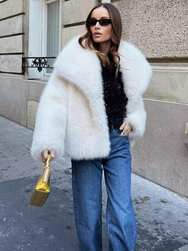 Women's Solid Color Faux Fur Luxury Jacket, Casual Warmth Long Sleeve Collared Fuzzy Coat for Fall & Winter, Women's Clothing for Daily Wear Outerwear