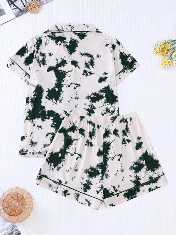 Women's Tie Dye Print Lapel Shirt & Elastic Waist Shorts Pyjama Set, Casual Button Front Short Sleeve Top & Shorts, Ladies Summer Sleepwear