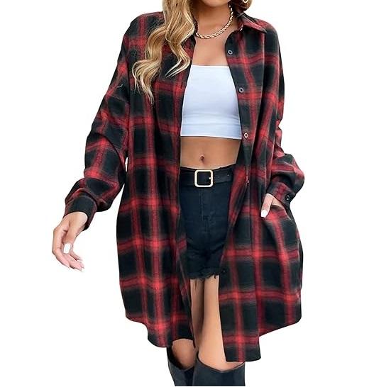 Blooming Jelly Women's Button Down Flannel Shirts Plaid Shacket Long Sleeve Collared Long Jacket Coats