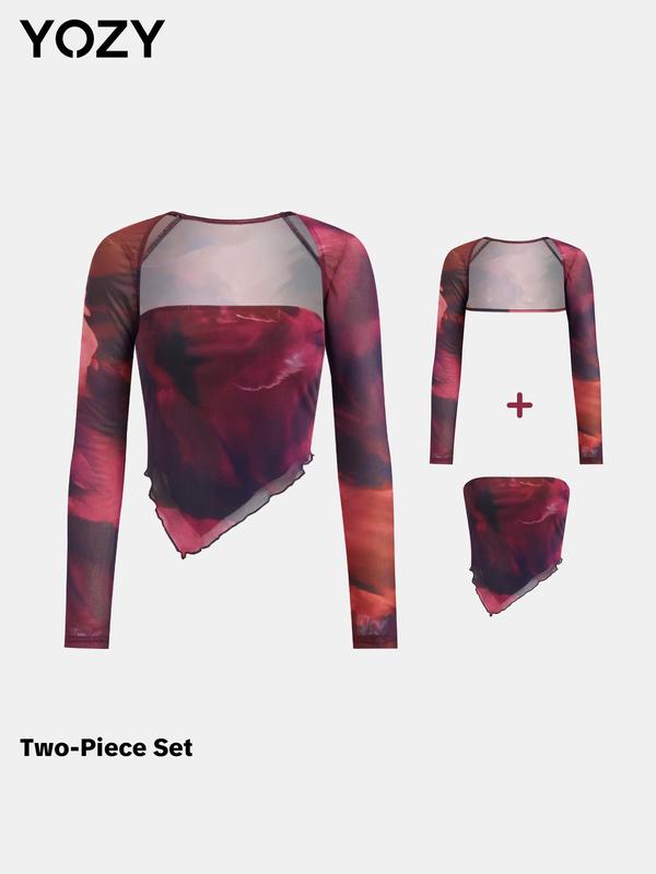 Black Friday Deals YOZY [3 colors] All Over Print Crop Tube Top & Sheer Raglan Sleeve Open Front Outerwear Set, Fashion Cozy Asymmetrical Hem Tube Top & Long Sleeve Outwear Set, Christmas 2024 Trend,Thanksgiving Clothing,Fall Clothing,Winter Clothing