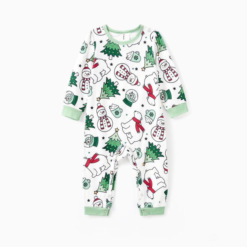 PatPat Christmas Pajamas Soft & Stretchy Family Matching Long Sleeves Christmas Pajamas Family Costume Very Merry Green Tops Allover Pattern Pants Pajamas Sets ( Flame Resistant )