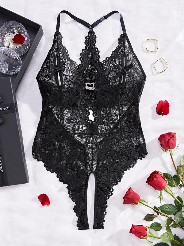 Women's Heart Decor Contrast Lace Sexy Lingerie Bodysuit, Sexy Hollow Out Flower Decor Crotchless Cami Lingerie Bodysuit, Women's Lingerie for All Seasons