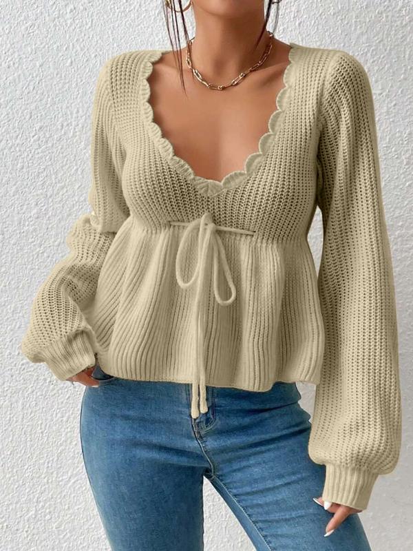 Women's Plain Drawstring Tie Front Scallop Trim Knit Top, Casual Bishop Sleeve Deep V Neck Knitwear for Fall & Winter, Knitwear for Fall and Winter, Fashion Ladies' Knit Tops for Women,  Birthday Gifts, Birthday Gifts 80s Fashion