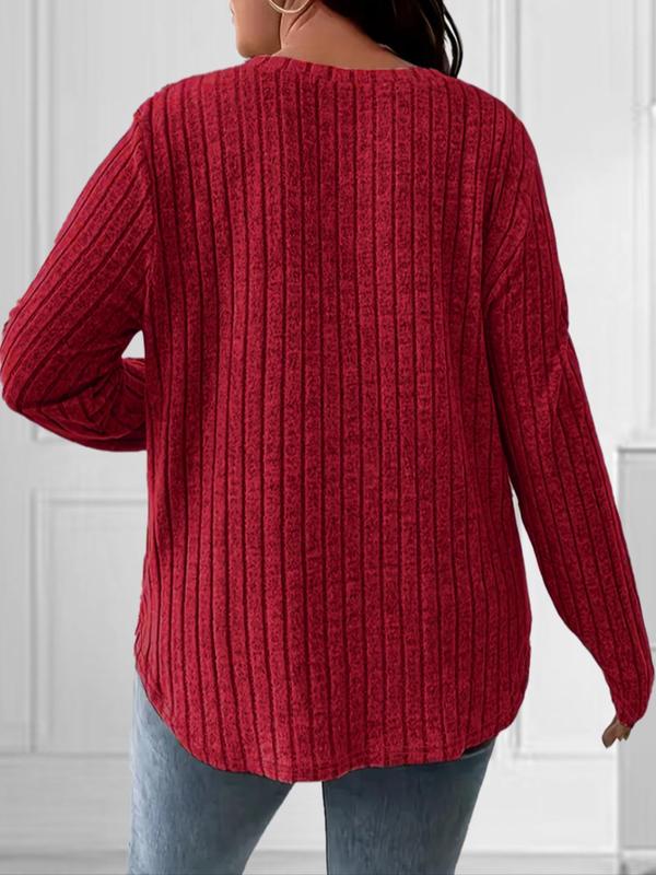  Solid Color V Neck Ribbed Sweater, Casual Long Sleeve T-shirt for Fall & Winter, Women's Clothing for Daily Wear