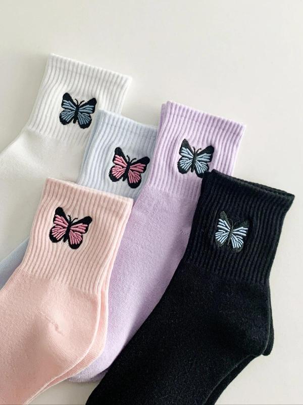 5 Pairs Butterfly Embroidery Crew Socks, Casual Cute Fashion Comfort Socks for Lady, Comfortable Multipack Mid Calf Socks for Daily Wear, Womenswear, Summer Wear 2024