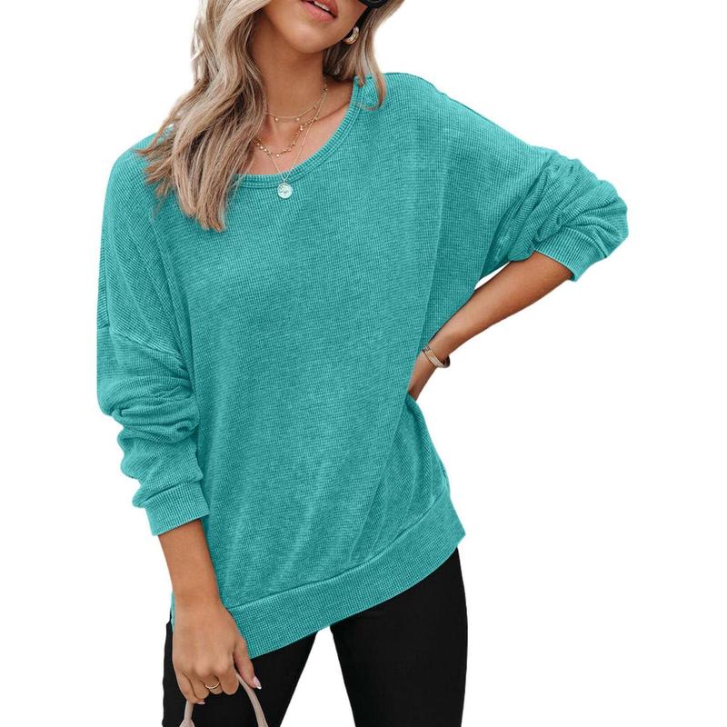 Dokotoo Womens Oversized Waffle Knit Crewneck Sweatshirts Long Sleeve Side Slits Casual Pullover Sweatshirt Tops