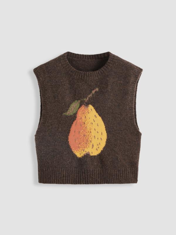 Knit Wool-blend Round Neckline Pear Graphic Vest