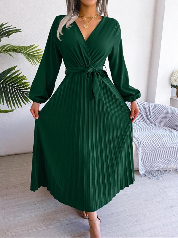 Women's Plain Wrap V Neck Belted Pleated Dress, Casual Bishop Sleeve A Line Long Dress for Beach Holiday Vacation, Ladies Clothes for All Seasons