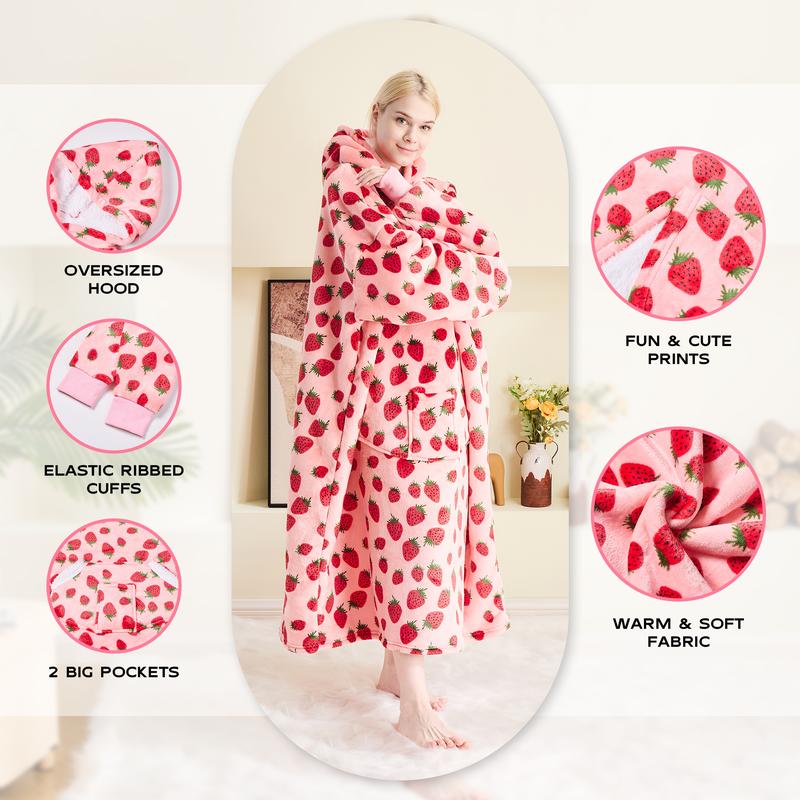 Long Wearable Blanket Hoodie Oversized Sherpa Fleece Hooded Sweatshirt Blanket with Sleeves,Cozy and Giant Blanket Hoodie Extra Long for Adults Women Winter Gift (Strawberry)