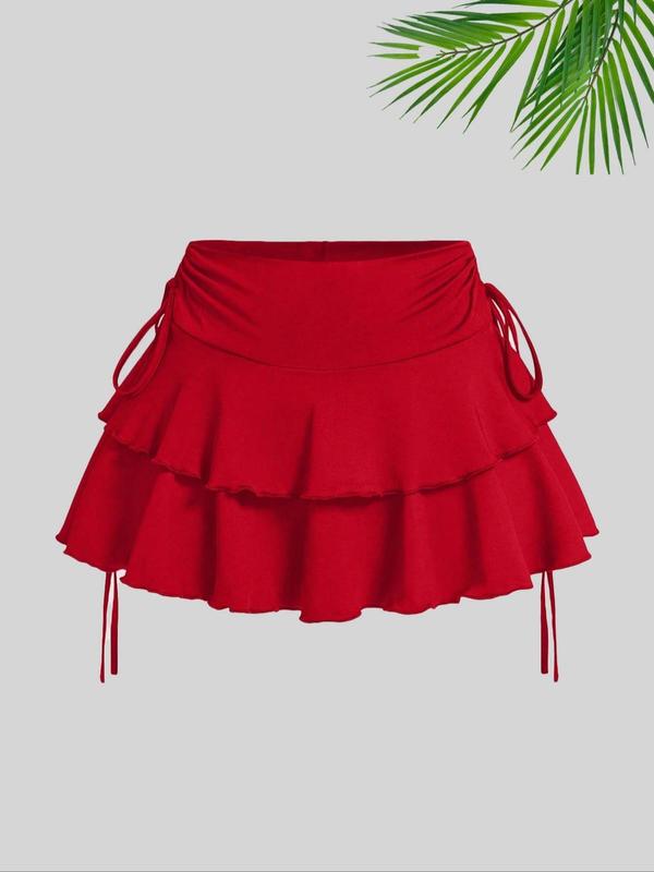 Women's Solid Tiered Layer Ruffle Hem A Line Skirt, Cute Fashion Casual Tie Side Short Skirt for Daily Outdoor Wear, Ladies Bottoms for Summer Downtown Girl Clothes