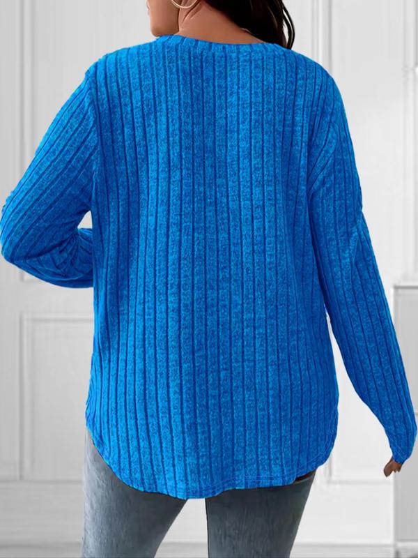  Solid Color V Neck Ribbed Sweater, Casual Long Sleeve T-shirt for Fall & Winter, Women's Clothing for Daily Wear