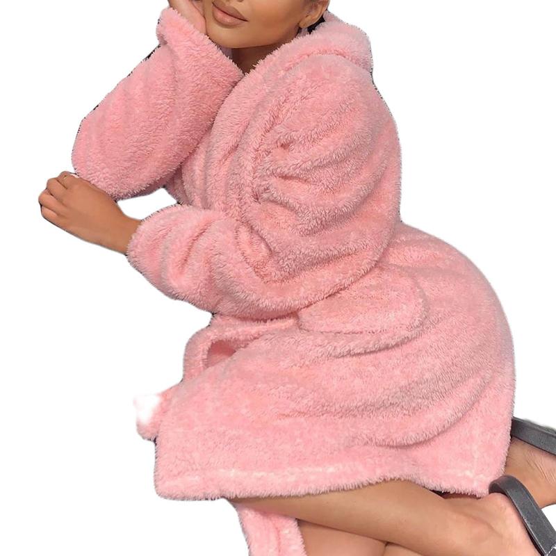 Women Winter Warm Night Robe Double-sided Plush Cute Animal Ears Hooded Nightgown Long Sleeve Lace-up Bath Robes Pajamas