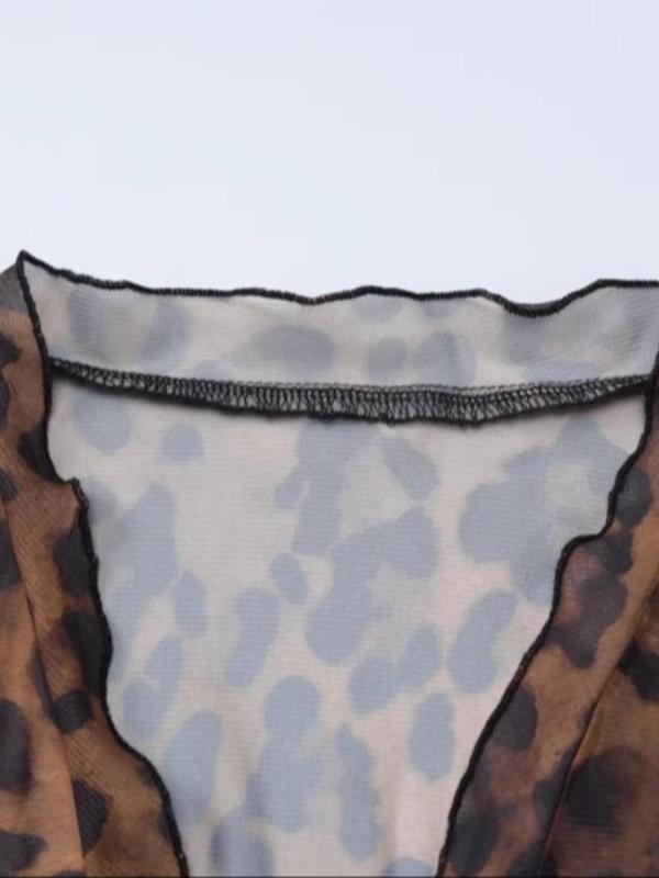 Women's Leopard Print Lettuce Trim Sheer Tulle Blouse, Casual Flounce Sleeve Tie Front Top for Daily Wear, Ladies Clothes for All Seasons