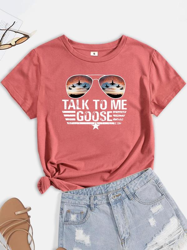 Women's Glasses & Letter Print Round Neck Tee, Summer Clothes Women, Short Sleeve Graphic T-shirt for Summer, Vintage Graphic Tee, Women's Summer Top for Daily Wear