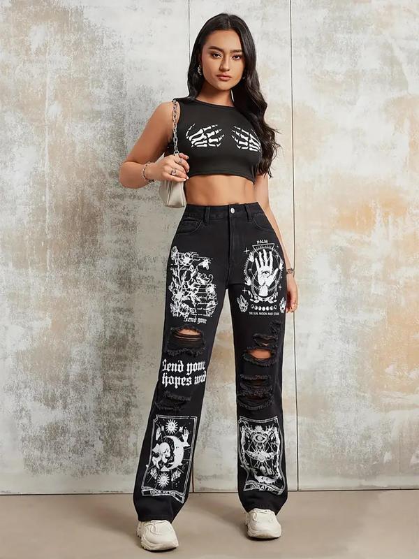 Women's Ripped Graphic Print High Waist Jeans, Fashion Pants Casual Pocket Button Straight Leg Denim Trousers for Daily Outdoor Wear, Women Denim for All Seasons, Jeans for Women, Downtown Girl Clothes