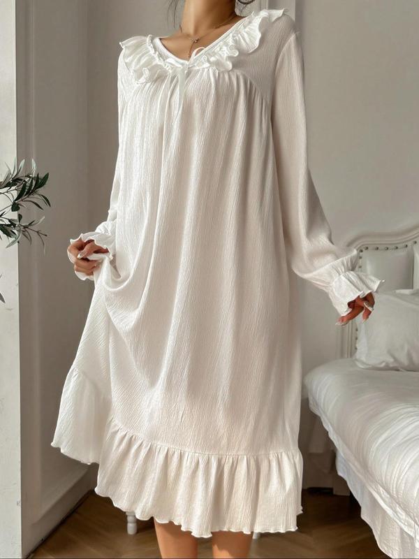 Women's Plain Bow Decor Ruffle Trim Flounce Sleeve Nightdress, Casual Long Sleeve V Neck Nightgown for Spring & Fall, Ladies Sleepwear for Indoor Wear