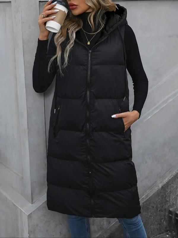 Women's Solid Pocket Zip Up Hooded Long  Quilted Vest Jacket, Casual Sleeveless Thermal Outerwear for Fall & Winter, Women's Clothes for Daily Wear