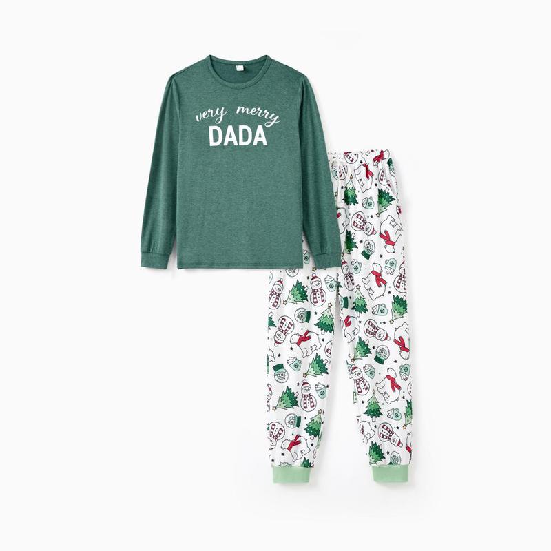 PatPat Christmas Pajamas Soft & Stretchy Family Matching Long Sleeves Christmas Pajamas Family Costume Very Merry Green Tops Allover Pattern Pants Pajamas Sets ( Flame Resistant )