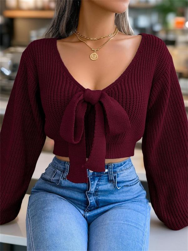 Women's Plain Bow Decor Tie Front Crop Sweater, Casual Bishop Sleeve V Neck Jumper for Fall & Winter, Women's Knitwear for Daily Wear