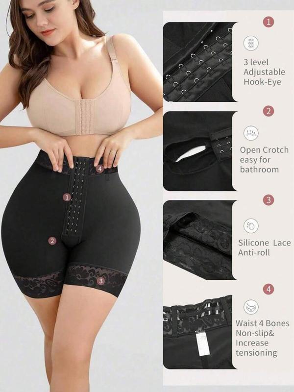 Women's High Waist Contrast Lace Hook & Eye Front Shapewear Shorts, Tummy Control Butt Lifting Shaper, High Stretch Shapewear Bottoms for Daily Wear