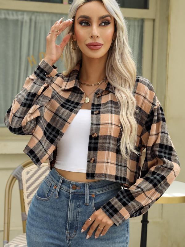 Women's Plaid Print Button Front Crop Shirt without Cami Top, Casual Drop Shoulder Long Sleeve Collared Top for Spring & Fall, Fall Clothing Women, Ladies Clothes for Daily Wear