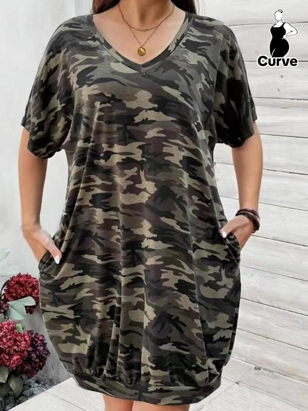 Plus Size Camo Print Pocket Tee Dress, Casual V Neck Batwing Sleeve Short Dress for Summer, Women's Plus Clothing for Daily Wear Moo Moo Dresses