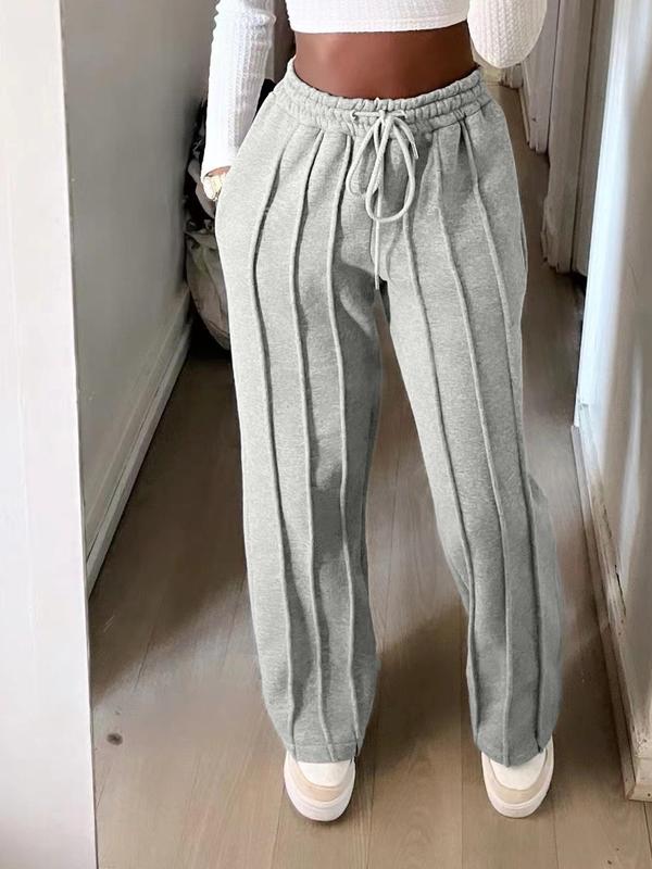 Women's Striped Drawstring Waist Pocket Straight Leg Pants, Casual Elastic Waist Trousers for Daily Wear, Ladies Bottoms for All Seasons