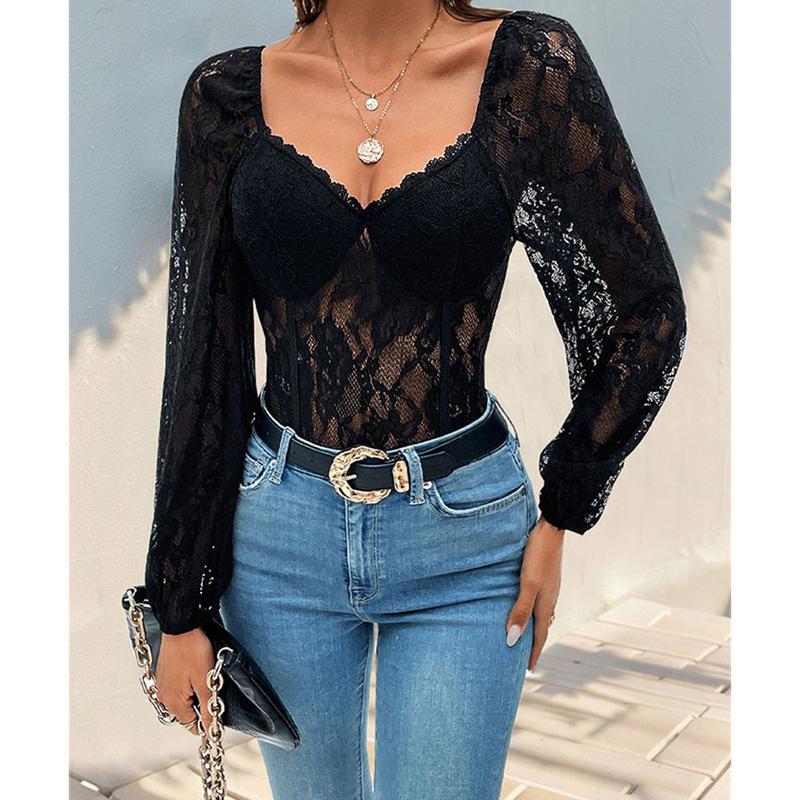 Lace Long Sleeve V Neck Bodysuit