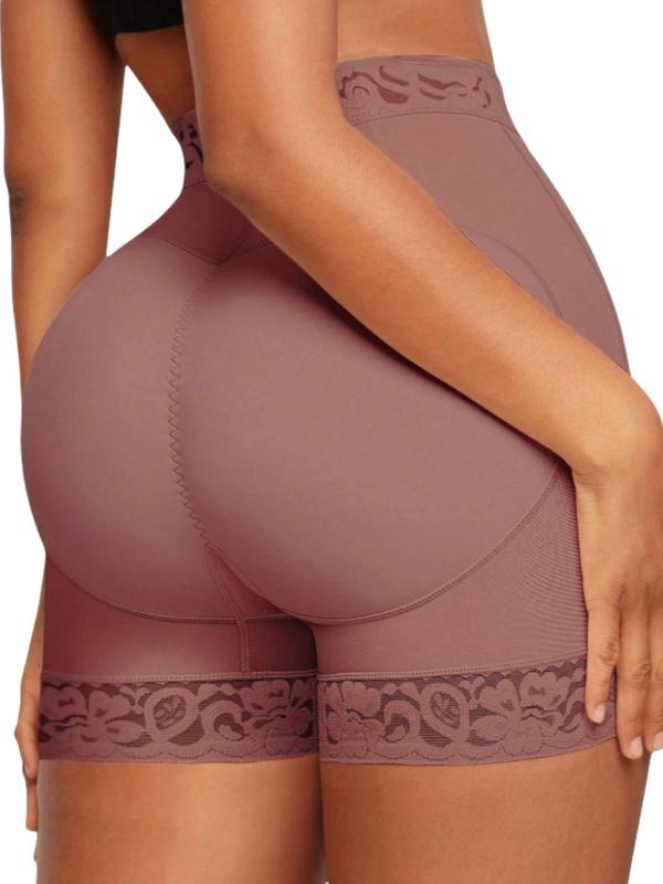 Women's High Waist Contrast Lace Hook & Eye Front Shapewear Shorts, Tummy Control Butt Lifting Shaper, High Stretch Shapewear Bottoms for Daily Wear