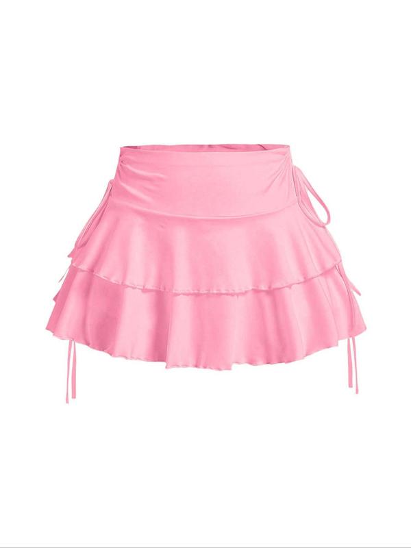 Women's Solid Tiered Layer Ruffle Hem A Line Skirt, Cute Fashion Casual Tie Side Short Skirt for Daily Outdoor Wear, Ladies Bottoms for Summer Downtown Girl Clothes