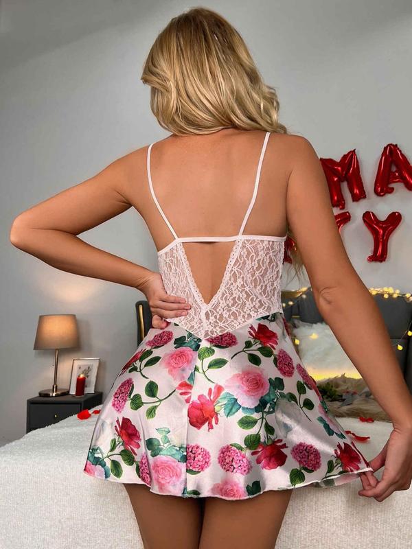 Women's Floral Print Contrast Lace Cut Out Satin Cami Nightdress, Sexy Elegant Spaghetti Strap Nightgown, Summer Clothes Women, Women's Sleep Dress