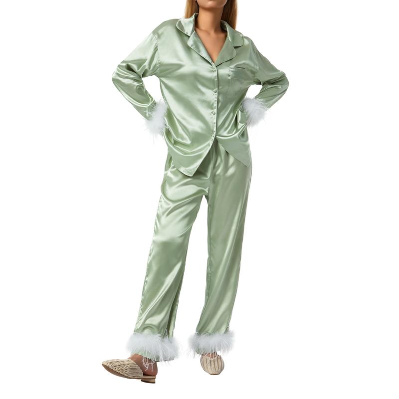 Women Sleepwear Feather Trim Button Down Lapel Long Sleeve Shirts and Pants Sets Ladies Pajamas Sets Elegant Chic Loungewear