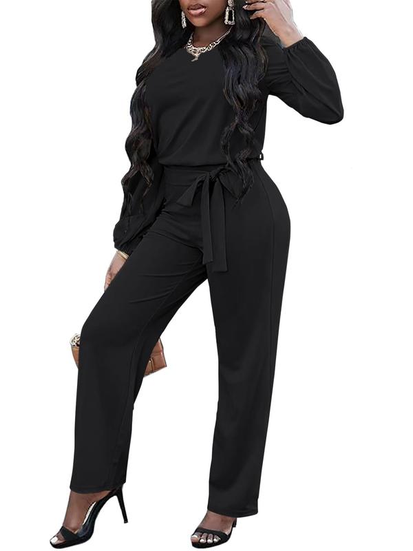 Women's Solid Color Belted Keyhole Neckline Jumpsuit, Elegant Bishop Sleeve Jumpsuit for Fall & Winter, Women's Clothes for Daily Wear