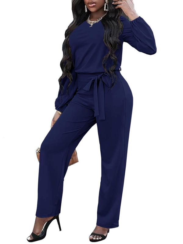 Women's Solid Color Belted Keyhole Neckline Jumpsuit, Elegant Bishop Sleeve Jumpsuit for Fall & Winter, Women's Clothes for Daily Wear