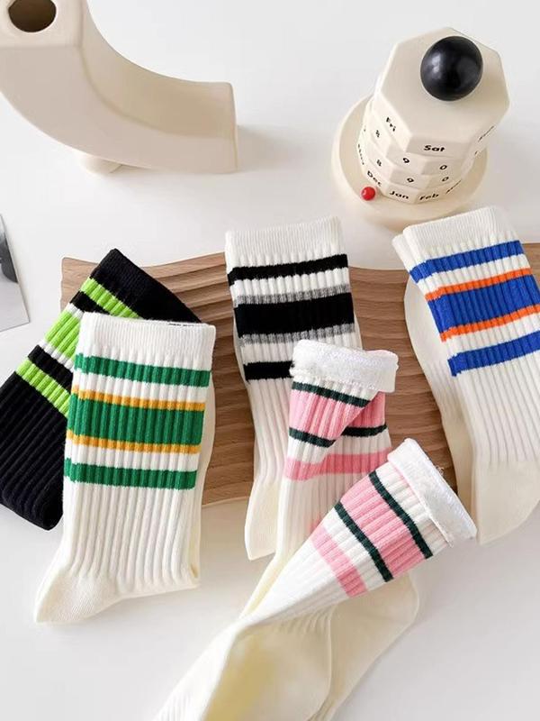 Women's 5 Pairs Contrast Stripes Print Crew Socks, Casual Moisture Wicking Socks, Soft Comfy Breathable Socks for All Seasons Daily Wear