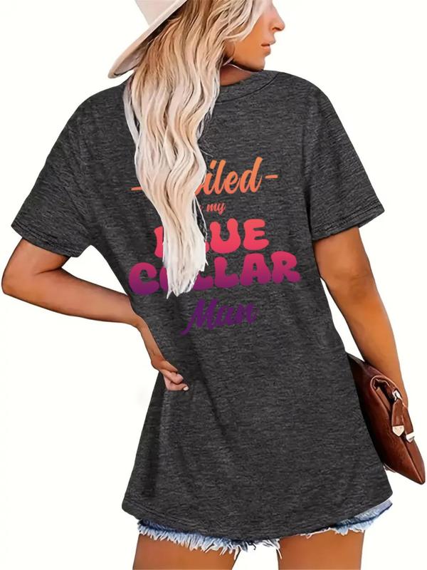 Women's Letter Print Round Neck Graphic Tee, T Shirts for Women, Vintage Graphic Tees, Vintage Trendy Casual Drop Shoulder Half Sleeve T-shirt for Daily Wear, Fall Outfits, Graphic Tees, Ladies All Seasons Outfit