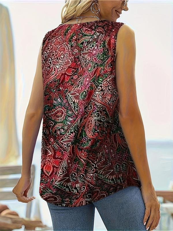  Ethnic Pattern Plicated Square Neck Tank Top, Boho Sleeveless Top for Summer, Women's Clothing for Daily Wear