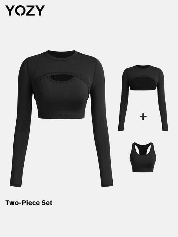 YOZY Women's Solid Long Sleeve Super Crop Tee & Scoop Neck Crop Tank Top Two-piece Set, Casual Exercise Top for Daily Wear, Ladies Clothes for All Seasons